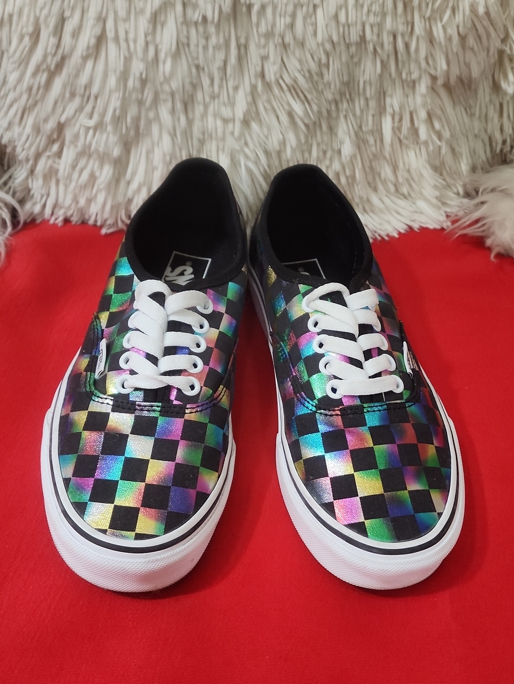 Vans Women's Checkerboard Iridescent Low-Top Sneakers - Black with Rainbow Shine